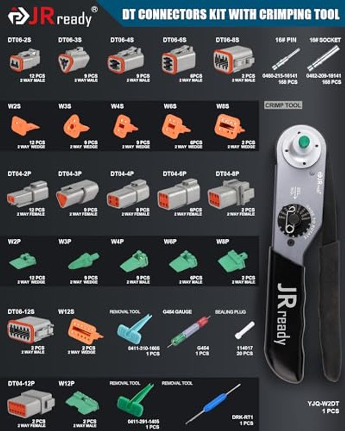 JRready St6110 Deutsch Connector Kit With Crimper-2 Pin Waterproof Connector,3 4 6 8 12 Pin Dt Connectors,Deutsch Crimp Tool 14-22Awg,Size 16 Solid Contact For Truck, Motorcycle,Automotive - Image 2