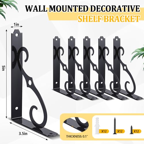 Shimeyao 6 Pack 5 Inch Shelf Brackets Black Rustic Floating Decorative Shelf Bracket Heavy Duty Wall Mounted Corbel Metal Iron L Shape Black Support for Kitchen Home DIY Bookshelf Open Shelving - Image 3