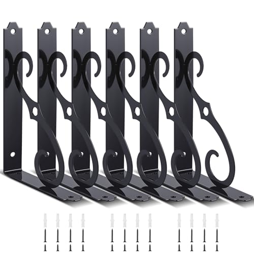 Shimeyao 6 Pack 5 Inch Shelf Brackets Black Rustic Floating Decorative Shelf Bracket Heavy Duty Wall Mounted Corbel Metal Iron L Shape Black Support for Kitchen Home DIY Bookshelf Open Shelving - Image 1