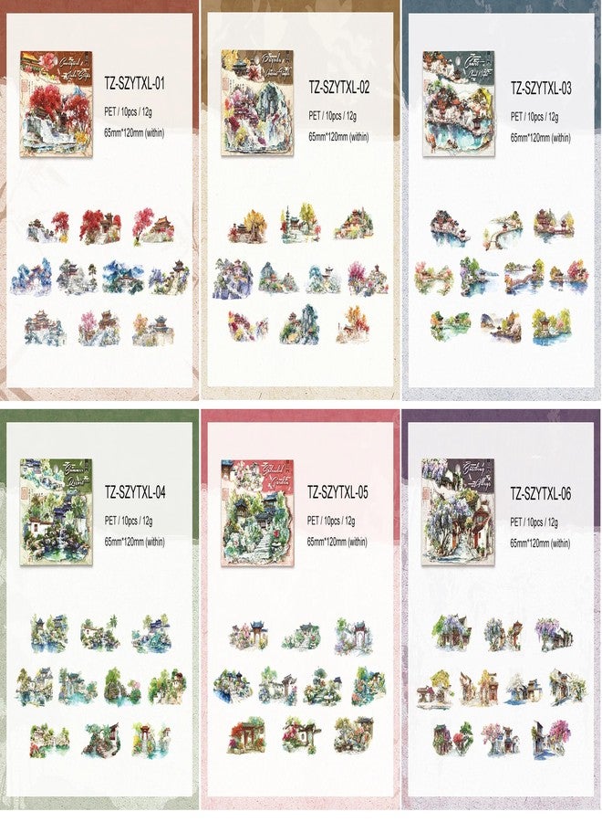 SAMVARDHAN Chinese Landscape Stickers Pack – 60 Pcs Traditional Oriental Scenery Washi Stickers for Journaling, Scrapbooking, DIY Crafts, Planner Decoration & Art Collage, Pack of 6 - Image 2