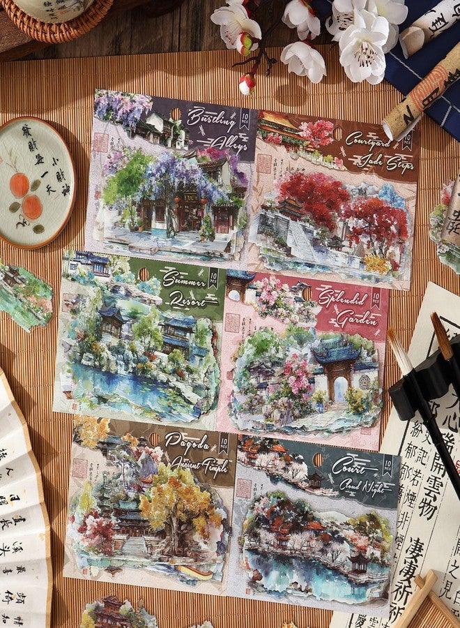SAMVARDHAN Chinese Landscape Stickers Pack – 60 Pcs Traditional Oriental Scenery Washi Stickers for Journaling, Scrapbooking, DIY Crafts, Planner Decoration & Art Collage, Pack of 6 - Image 1