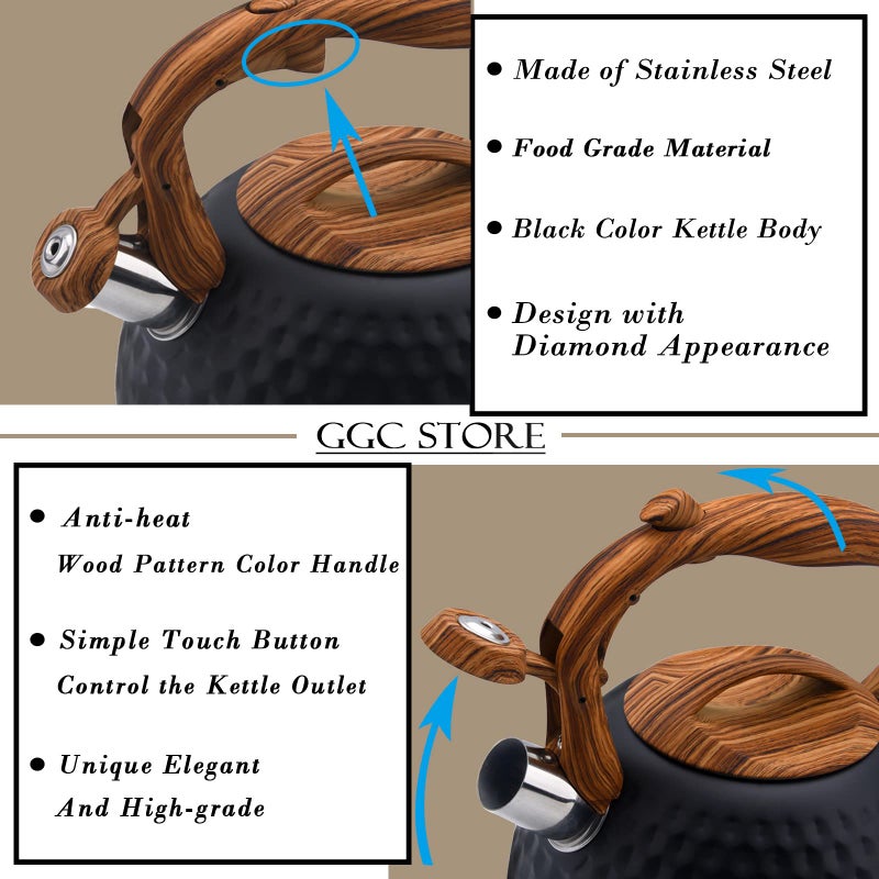 GGC Tea Kettle for Stove Top, Loud Whistling Kettle for Boiling Water Coffee or Milk, 3.1 Quart 3L Heavy Stainless Steel Black Kettle with Wood Pattern Handle, Unique Button Control Kettle Outlet - Image 3
