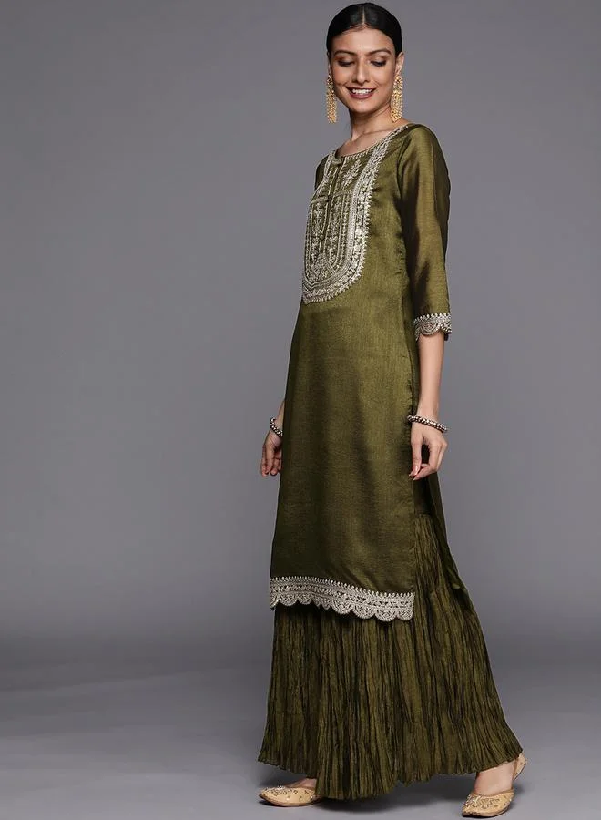 Libas Silk Lace Detail Kurta and Sharara with Sequined Dupatta Set by Styli