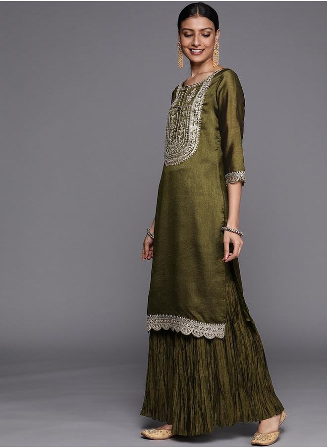 Libas - Silk Lace Detail Kurta and Sharara with Sequined Dupatta Set by Styli - Image 1