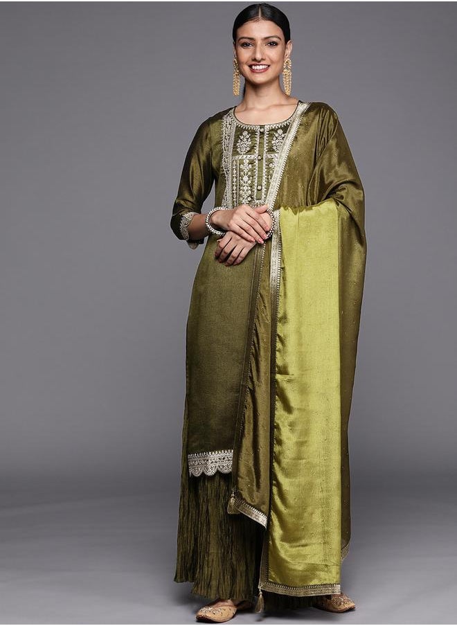 Libas - Silk Lace Detail Kurta and Sharara with Sequined Dupatta Set by Styli - Image 1