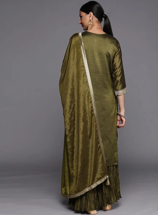Libas Silk Lace Detail Kurta and Sharara with Sequined Dupatta Set by Styli