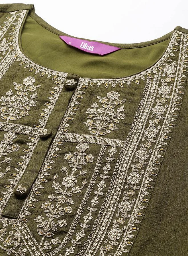 Libas Silk Lace Detail Kurta and Sharara with Sequined Dupatta Set by Styli