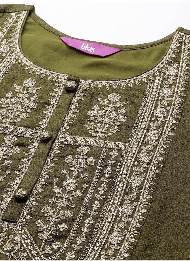 Libas - Silk Lace Detail Kurta and Sharara with Sequined Dupatta Set by Styli - Image 1