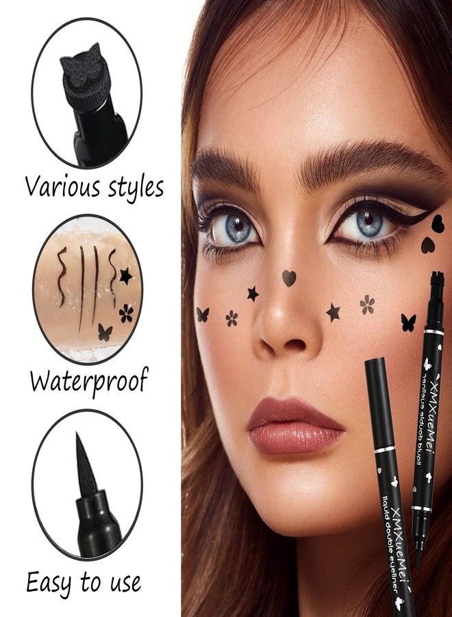 XMXueMei Double Side Liquid Winged Eyeliner Stamp,Smudge Proof Waterproof Eyeliner Pen Set,Long-Lasting Eye Liner Face Makeup,Star Flowers Hearts Triangle Black Eyeliner Stamp Pencil（5PCS） A - Image 3