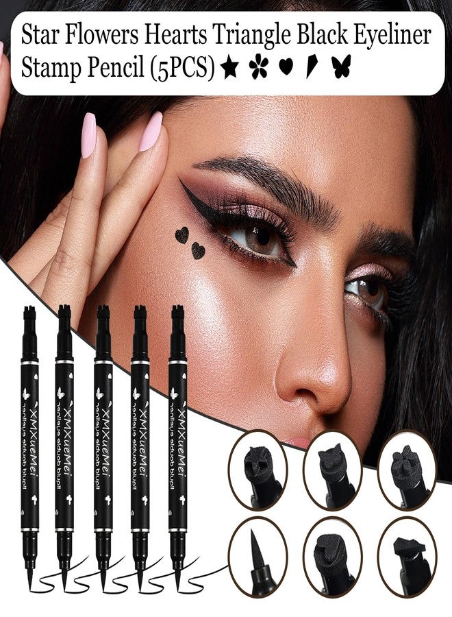 XMXueMei Double Side Liquid Winged Eyeliner Stamp,Smudge Proof Waterproof Eyeliner Pen Set,Long-Lasting Eye Liner Face Makeup,Star Flowers Hearts Triangle Black Eyeliner Stamp Pencil（5PCS） A - Image 2