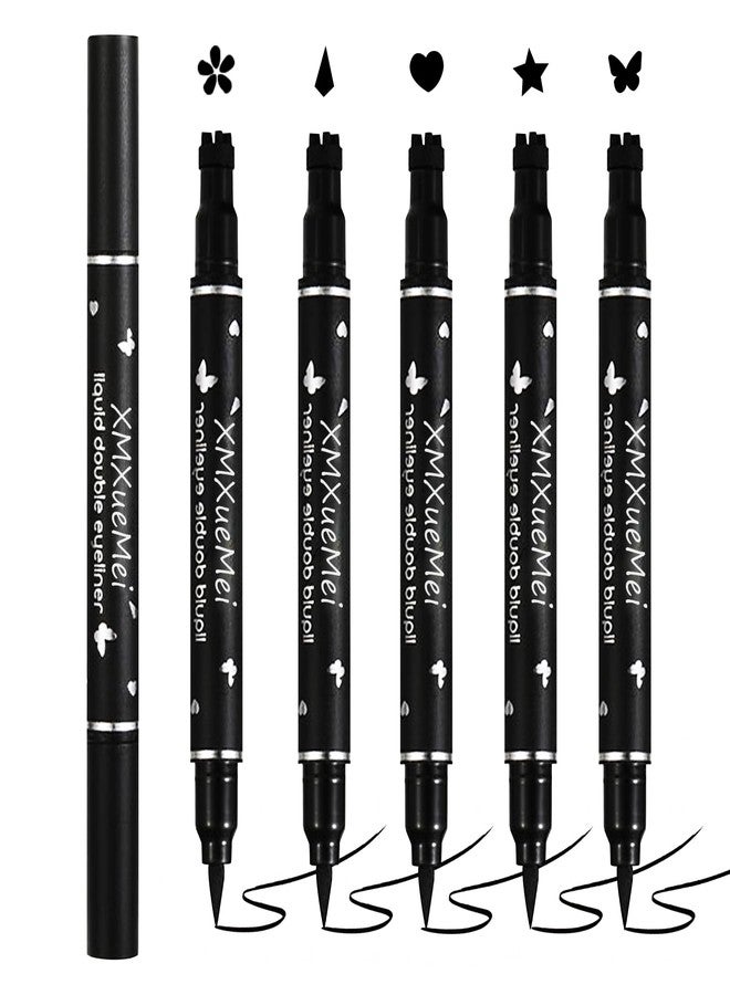 XMXueMei Double Side Liquid Winged Eyeliner Stamp,Smudge Proof Waterproof Eyeliner Pen Set,Long-Lasting Eye Liner Face Makeup,Star Flowers Hearts Triangle Black Eyeliner Stamp Pencil（5PCS） A - Image 1