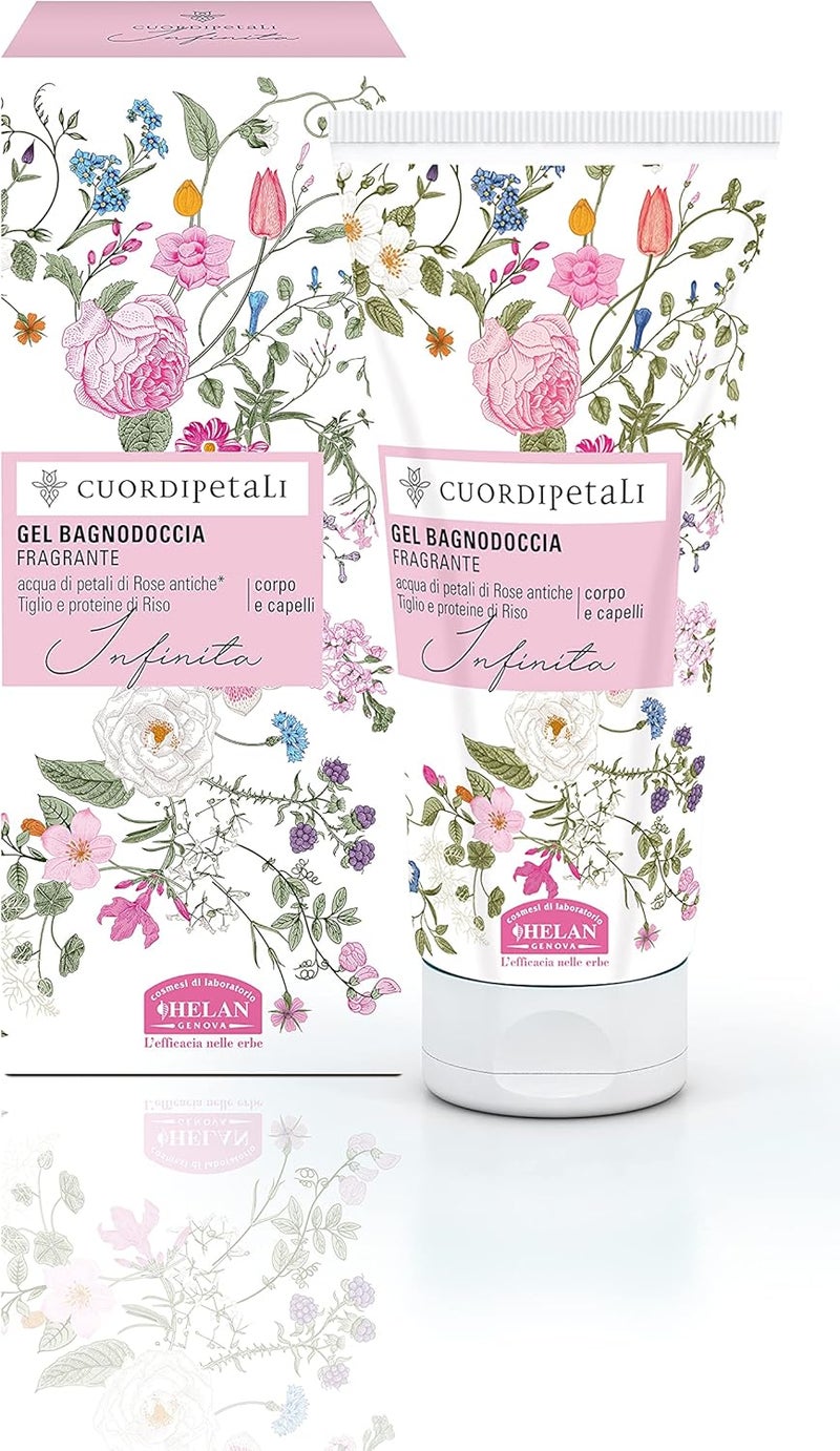 Helan Cuor di Petali Shampoo Bath Shower Gel with Rose Petals Rice Protein Scented ExtraGentle Natural Hair Body Wash for Women Moisturised Skin Volumized Hair Made in Italy 200ml