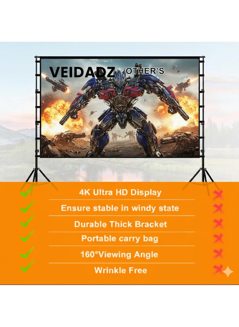 فيدادز شاشة بروجيكتور 80 بوصة مع حامل قابل للتمديد – إصدار سهل التركيب – شاشة محمولة بدقة 4K HD للمنزل والحديقة والتخييم والعروض الداخلية والخارجية - Image 2