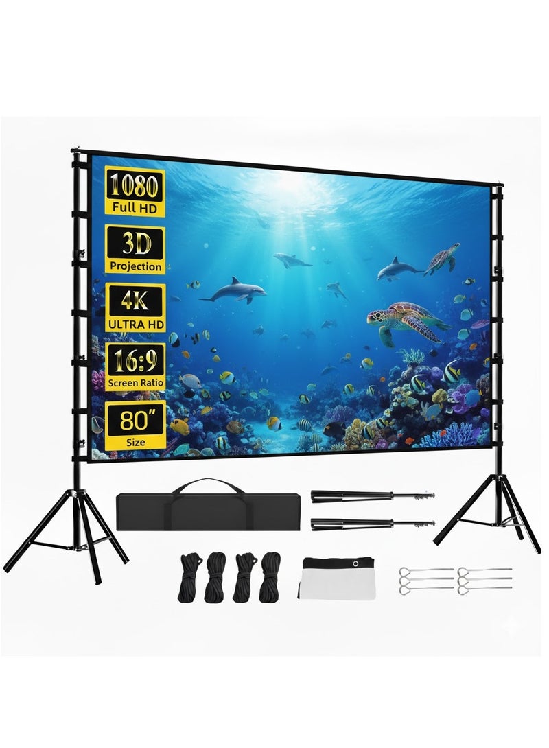 فيدادز شاشة بروجيكتور 80 بوصة مع حامل قابل للتمديد – إصدار سهل التركيب – شاشة محمولة بدقة 4K HD للمنزل والحديقة والتخييم والعروض الداخلية والخارجية - Image 1