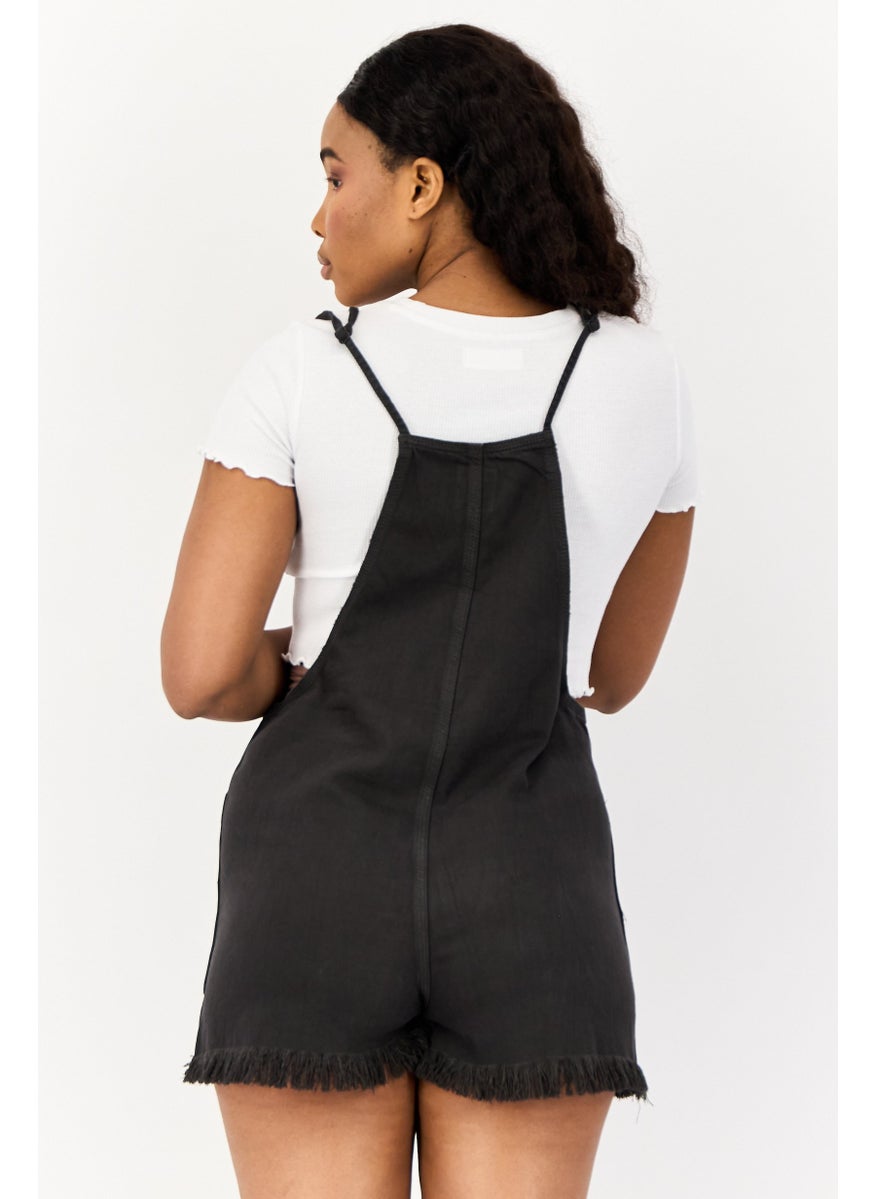 Aerie Women Solid Fringed Detail Sleeveless Playsuit, Black  - Image 3