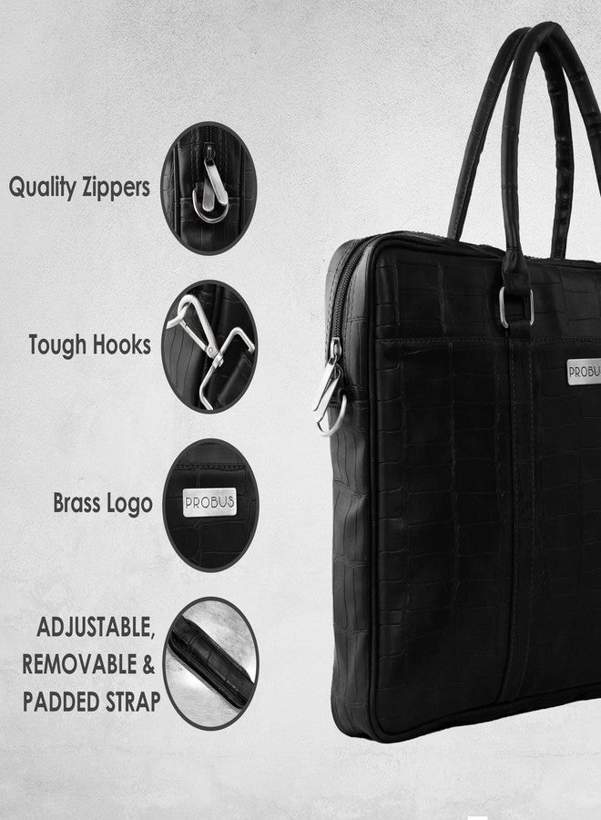 Probus Opulent Vegan Crocodile Leather Bag : Ethical Elegance Redefined for MacBook, Laptop, Notebook Messenger Bag Sleeve Case Cover Organizer Handbag - Black - Image 2