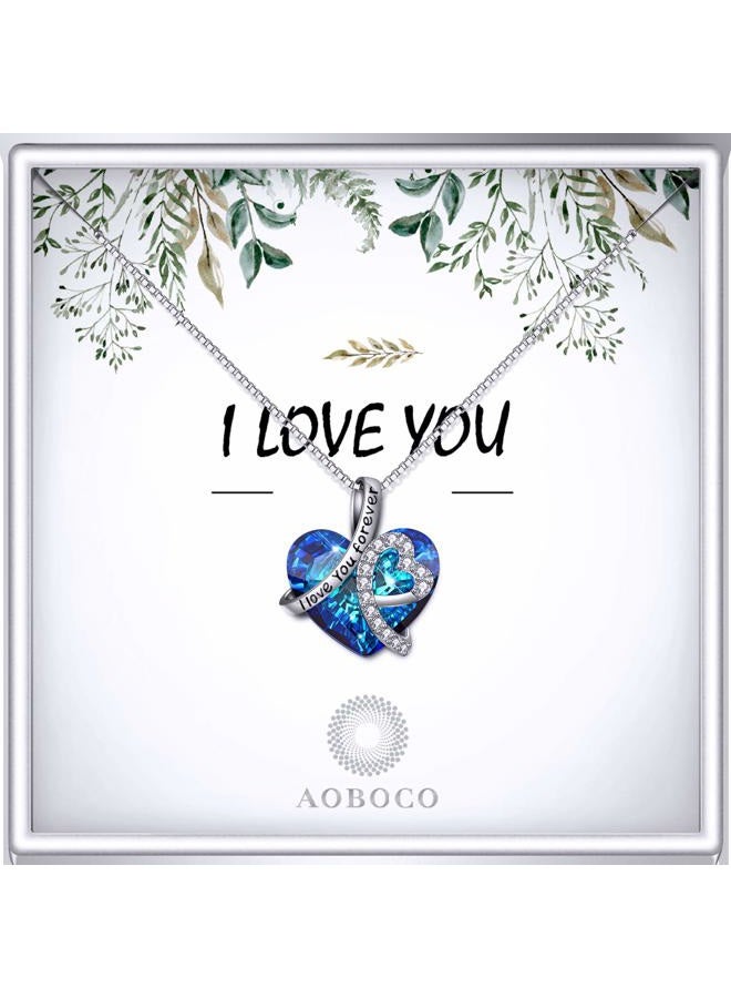 AOBOCO Heart Necklace 925 Sterling Silver I Love You Forever Pendant Necklace with Blue Swarovski Crystals Jewelry for Women Anniversary Birthday Gifts for Girls Girlfriend Wife Daughter Mom - Image 2