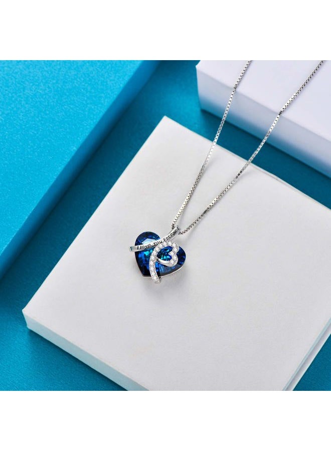 AOBOCO Heart Necklace 925 Sterling Silver I Love You Forever Pendant Necklace with Blue Swarovski Crystals Jewelry for Women Anniversary Birthday Gifts for Girls Girlfriend Wife Daughter Mom - Image 5