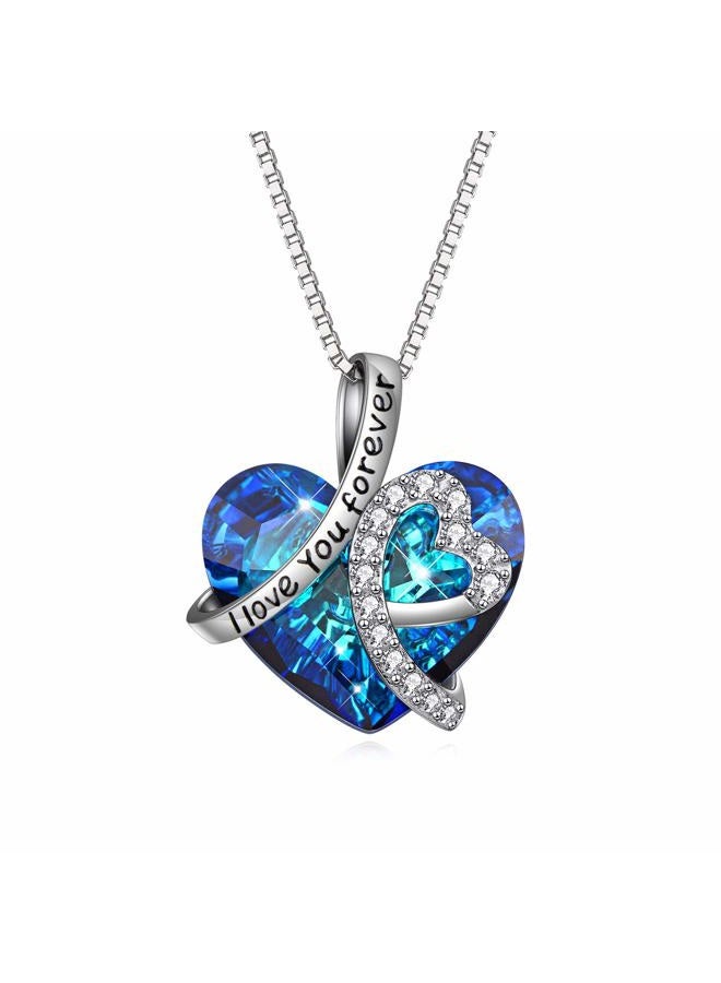 AOBOCO Heart Necklace 925 Sterling Silver I Love You Forever Pendant Necklace with Blue Swarovski Crystals Jewelry for Women Anniversary Birthday Gifts for Girls Girlfriend Wife Daughter Mom - Image 1