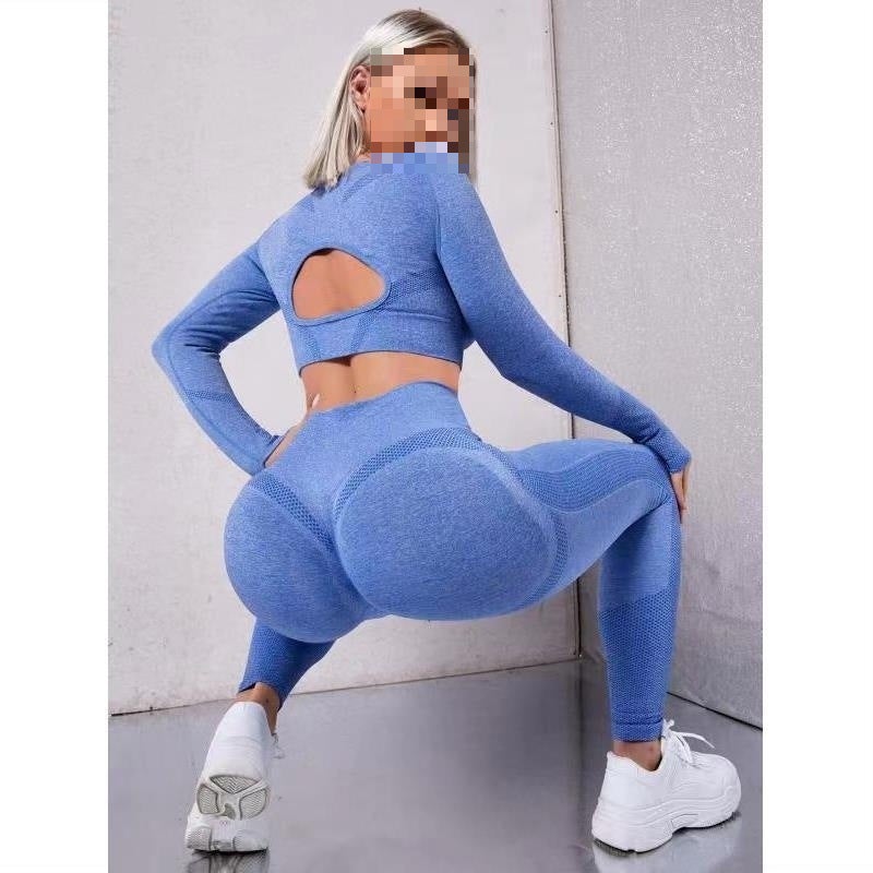 Generic Cross-border Seamless Yoga Clothing Peach Hip Womens Beautiful Back Long Sleeve Sports Yoga suit Fitness Clothing Women Blue suit 