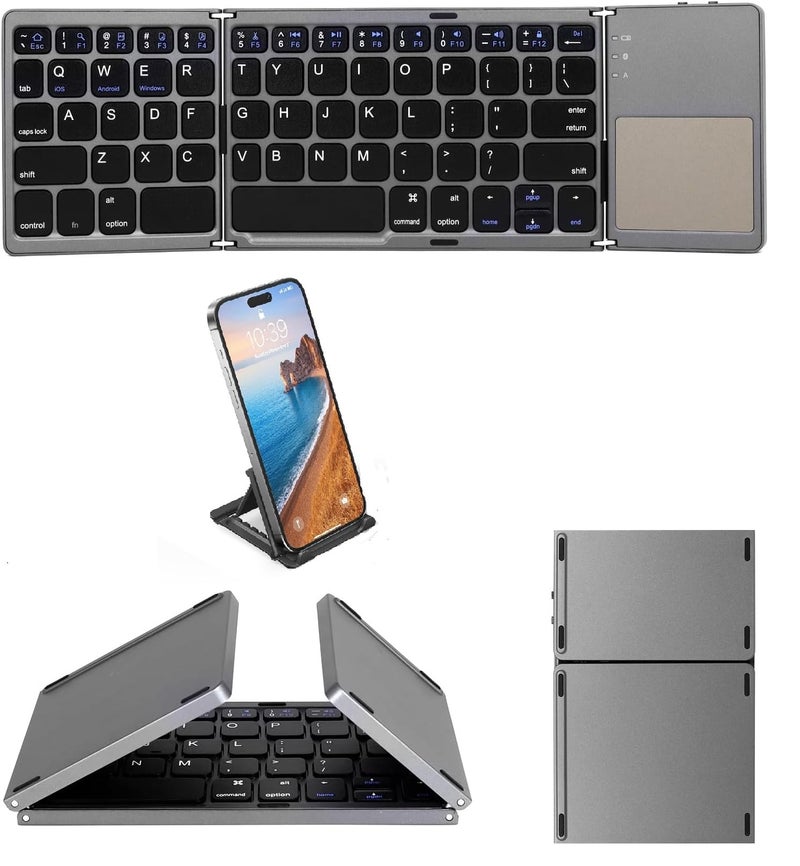 atdaraz Foldable Bluetooth Keyboard with Touchpad, with Mobile Stand Rechargeable Portable Wireless Mini Keyboard for PC Tablet, Samsung, Android, iOS, Smartphone-Dark Gray - Image 1