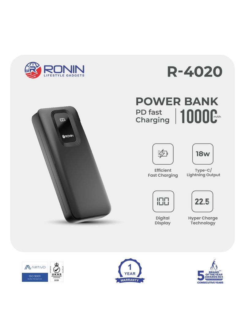 رونين باور بانك رونين فورج R-4020 سعة 10000 مللي أمبير - شحن سريع 22.5 واط - تقنية PD - مخرج USB و Type-C - شاشة رقمية - نحيف وخفيف - مدخل مزدوج - للايفون والاندرويد والسماعات - أسود - Image 4