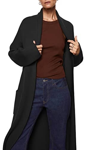 Fazortev Womens Long Sleeve Maxi Cardigan Open Front Oversized Knitted Sweater Coat Casual Lapel Warm Overcoat with Pockets Black - Image 2
