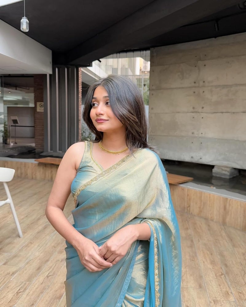 Sidhidata Women's Two Tone Shaded Soft Fandy Silk Saree with Hand Work Lace Border and Unstitched Blouse Piece - Image 5