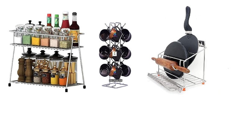 CR18 COLLECTION COMBO Chakla Belan and Tawa Stand for Kitchen 100 RustFree Stainless Steel Kitchen Rack Stainless Steel Kitchen Stand 2Tier Trolley Basket12 cup holder 3 SET OF COMBO - Image 1