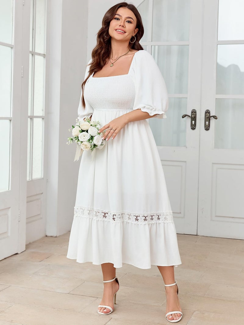 SCOMCHIC Women's Plus Size Boho Maxi Dress Short Sleeve Square Neck Smocked Flowy A-Line Lace Trim Wedding Guest Dresses White - Image 3