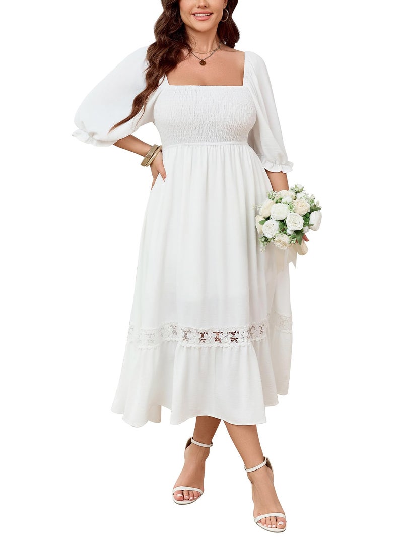 SCOMCHIC Women's Plus Size Boho Maxi Dress Short Sleeve Square Neck Smocked Flowy A-Line Lace Trim Wedding Guest Dresses White - Image 1