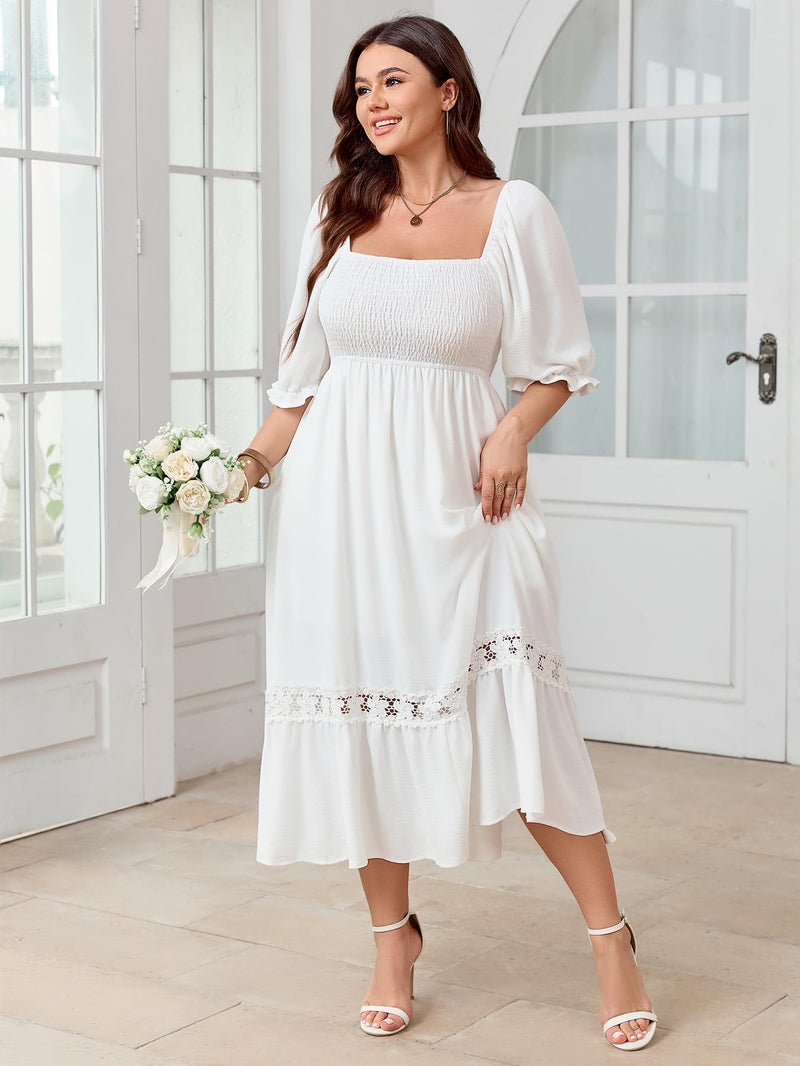 SCOMCHIC Women's Plus Size Boho Maxi Dress Short Sleeve Square Neck Smocked Flowy A-Line Lace Trim Wedding Guest Dresses White - Image 2