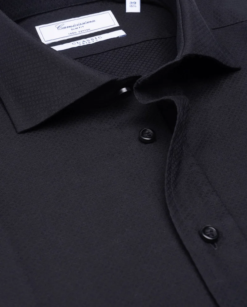 كاميتشسما قميص كلاسيكي أسود ضيق بنقشة دوبي