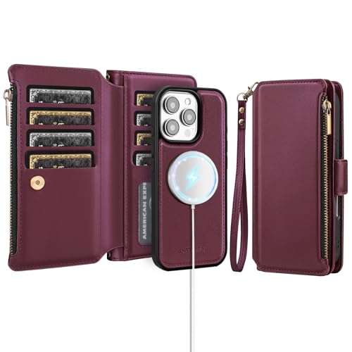 Antsturdy Compatible with Magsafe Magnetic 2 in 1 Detachable iPhone 16 Pro Max Wallet Case with Credit Card Holder SlotsPU Leather RFID Blocking Phone Cover Wrist Strap Zipper Women MenWine Red - Image 1
