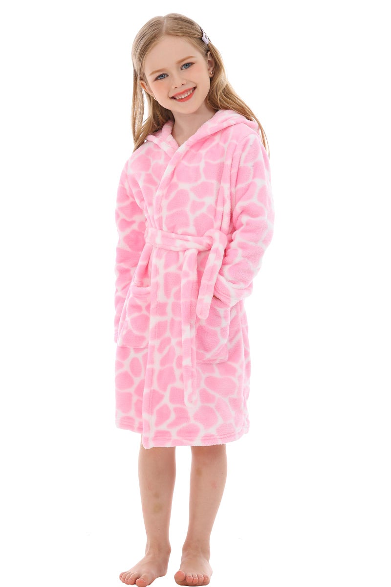 XINNE Boys Girls Hooded Robes Flannel Bathrobe Unisex Toddlers Pajamas Dressing Gown Pink - Image 1