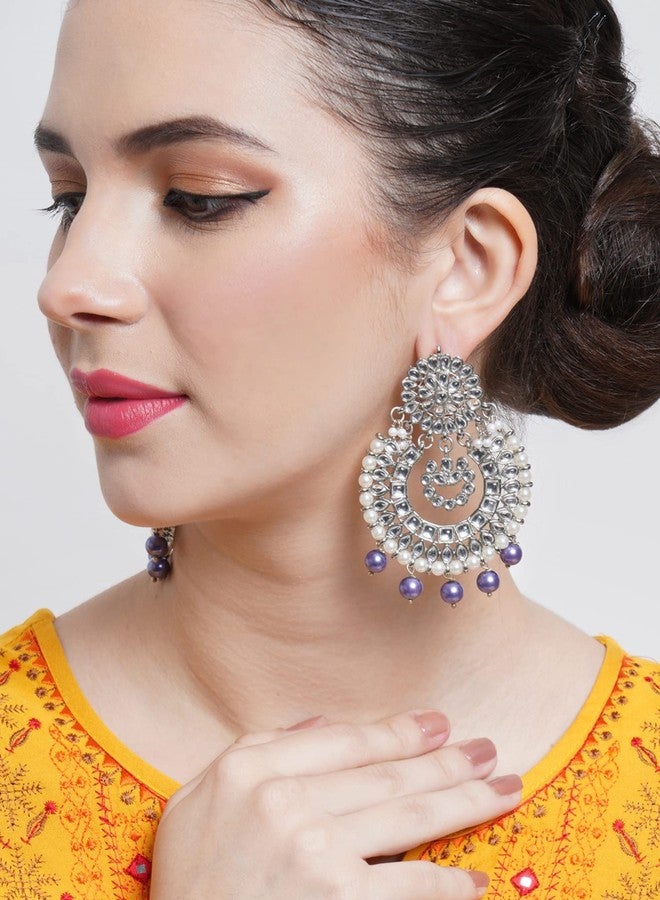 Karatcart Violet Pearl Oxidised Silver Kundan Chandbali Earrings for Women - Image 2