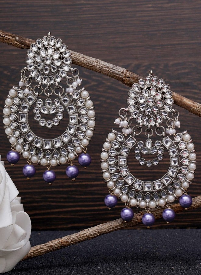 Karatcart Violet Pearl Oxidised Silver Kundan Chandbali Earrings for Women - Image 3