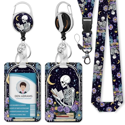 Piefly Lanyards for Id Badges, Funny Badge Holder with Retractable Badge Reel Clip, Skull Skeleton Reading Book Card Name Tag Lanyard Vertical ID Card Protector for Women Nurse Doctor Teacher Student - Image 1