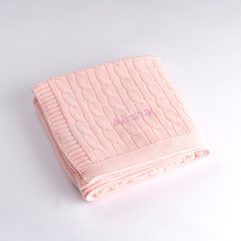 Lovingly Signed Personalized Luxury Baby Cable Knit Blanket - Pink - Image 1