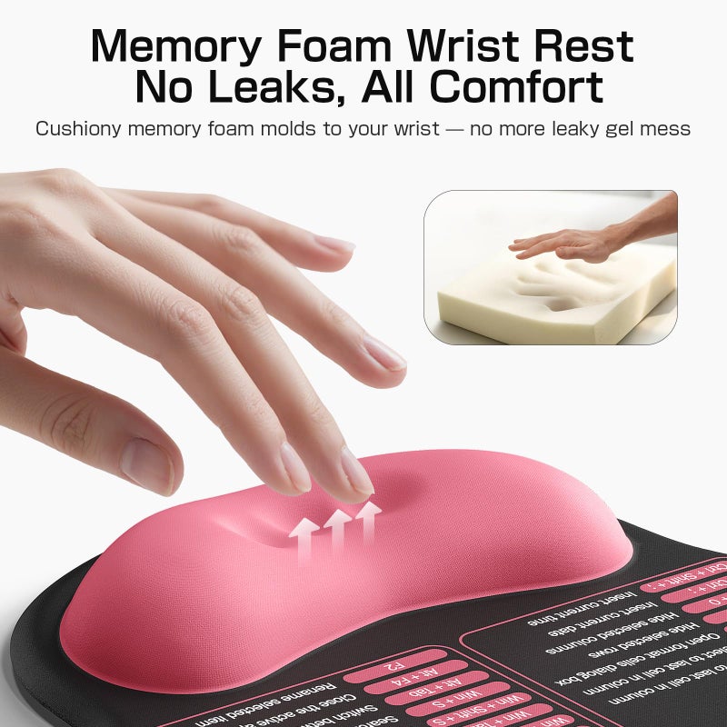 Senetem Mouse Pad with Wrist Rest - Ergonomic Memory Foam Support, Small Cute Excel Cheat Sheet Mousepad with Windows & Office Shortcuts, Non-Slip PU Base, for Computer Desk Laptop Travel, Black Pink - Image 5