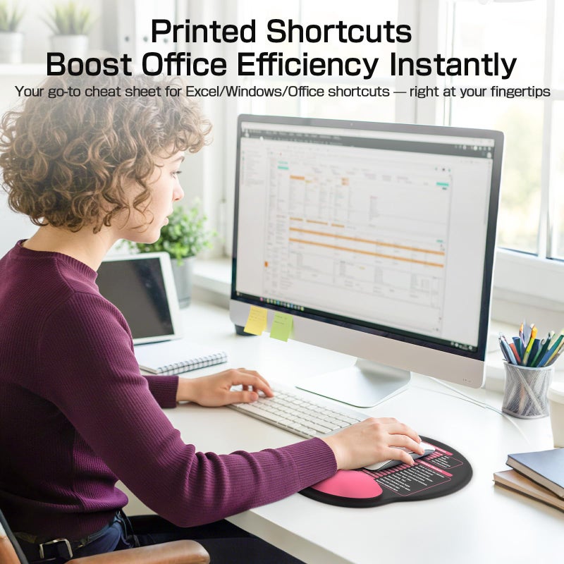 Senetem Mouse Pad with Wrist Rest - Ergonomic Memory Foam Support, Small Cute Excel Cheat Sheet Mousepad with Windows & Office Shortcuts, Non-Slip PU Base, for Computer Desk Laptop Travel, Black Pink - Image 4