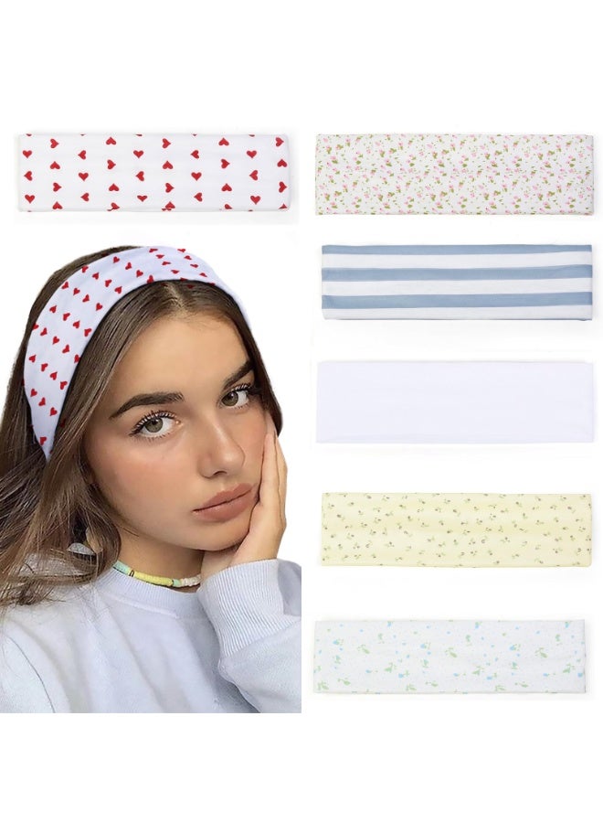 Fashion Headbands for Women Short Hair Non Slip Elastic Floral Hairbands Soft Fabric Hair Bands for Women's Hair, 2 Inches Thick Stripe Head Band for Girls Valentine's Day Heart Headbands，6 Pack - Image 1
