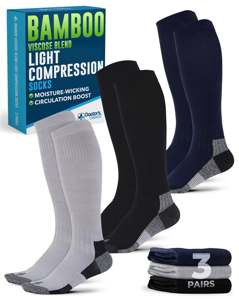 Doctor's Select Light Compression Socks for Men - 3 Pairs, Knee High Comfort and Support, 8-15 mmHg Compression Socks for Men 9-12, Black, Light Gray, Navy - Image 1