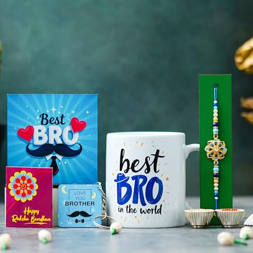 TONKWALAS Rakhi for Brother with Printed Ceramic Mug,Showpiece & Keychain Combo |Pack of 6 (Greeting Card,Roli Chawal,Rakhi,Printed Mug,Keychain,Showpiece) | Best Gift for Brother,325 ml,Multicolor - Image 1