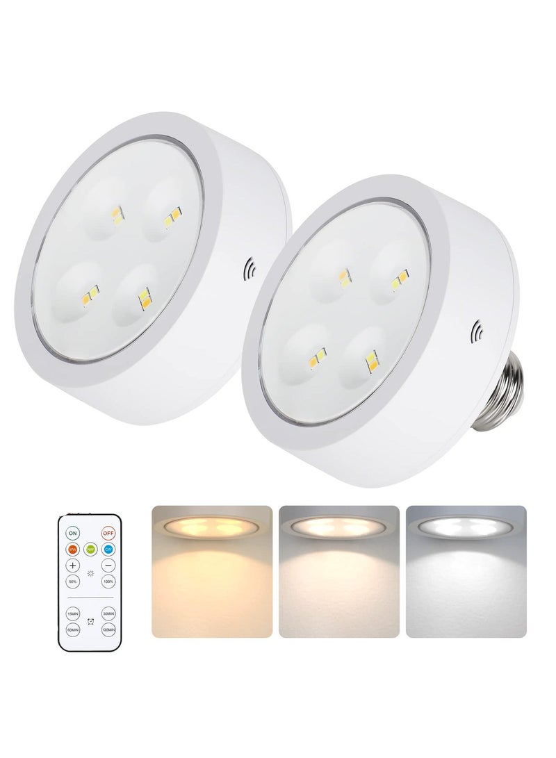 2 Packs Battery Operated Light Bulb for Lamps 3 Color Screw in LED Puck Lights with 1 Remote AA Battery Powered Wireless Dimmable Timer Light Bulb with E26 Screw Socket for Non Electric Wall Sconce - Image 1