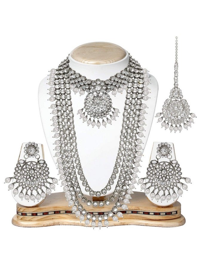 I Jewels I Jewels Traditional 18K Silver Plated Kundan & Pearl Studded Bridal Choker Necklace Jewellery Set With Earrings & Maang Tikka for Women (IJ325S)  - Image 5