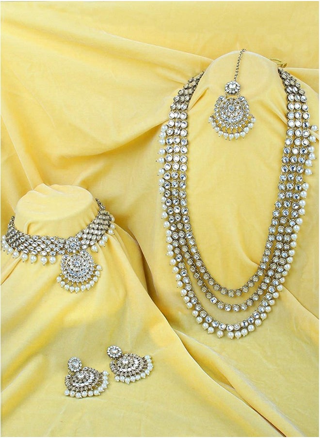 I Jewels I Jewels Traditional 18K Silver Plated Kundan & Pearl Studded Bridal Choker Necklace Jewellery Set With Earrings & Maang Tikka for Women (IJ325S)  - Image 3