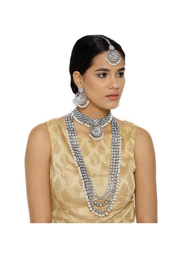 I Jewels I Jewels Traditional 18K Silver Plated Kundan & Pearl Studded Bridal Choker Necklace Jewellery Set With Earrings & Maang Tikka for Women (IJ325S)  - Image 2