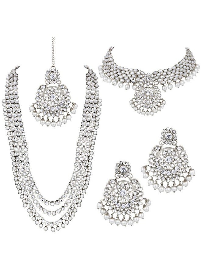 I Jewels I Jewels Traditional 18K Silver Plated Kundan & Pearl Studded Bridal Choker Necklace Jewellery Set With Earrings & Maang Tikka for Women (IJ325S)  - Image 1