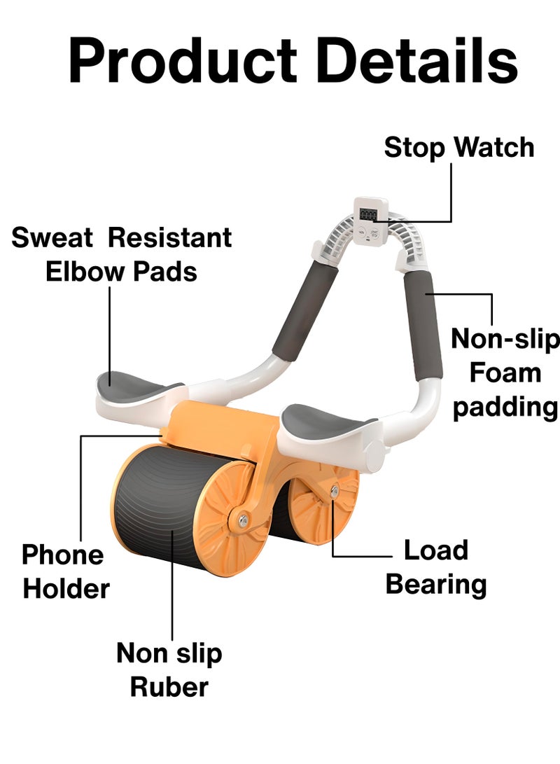 Abs Exercise Wheel Roller Abdominal Exerciser with Elbow Support Adjustable Spring Non Slip Handles for Men and Women Core Strength Training Home Workouts Timer Automatic Rebound